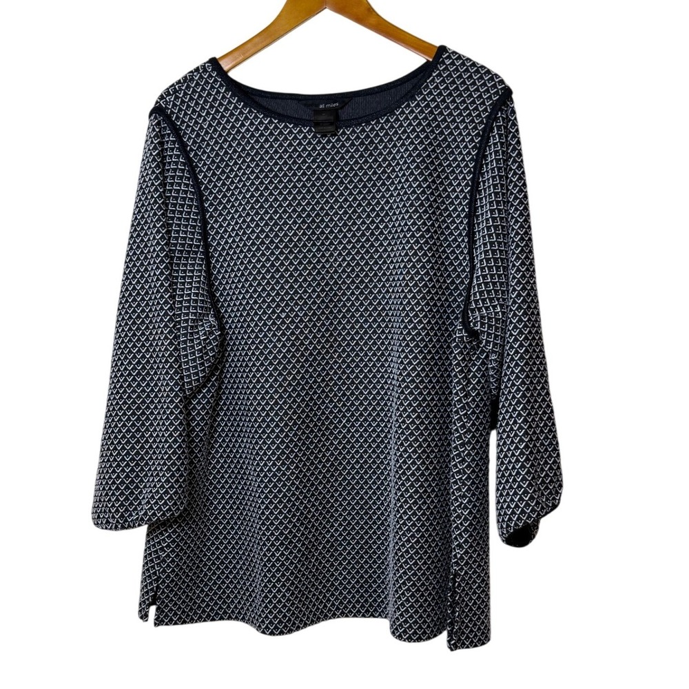 Ali Miles Women Tunic‎ XL Black White Geometric Bell Sleeve Mod Career Knit Top